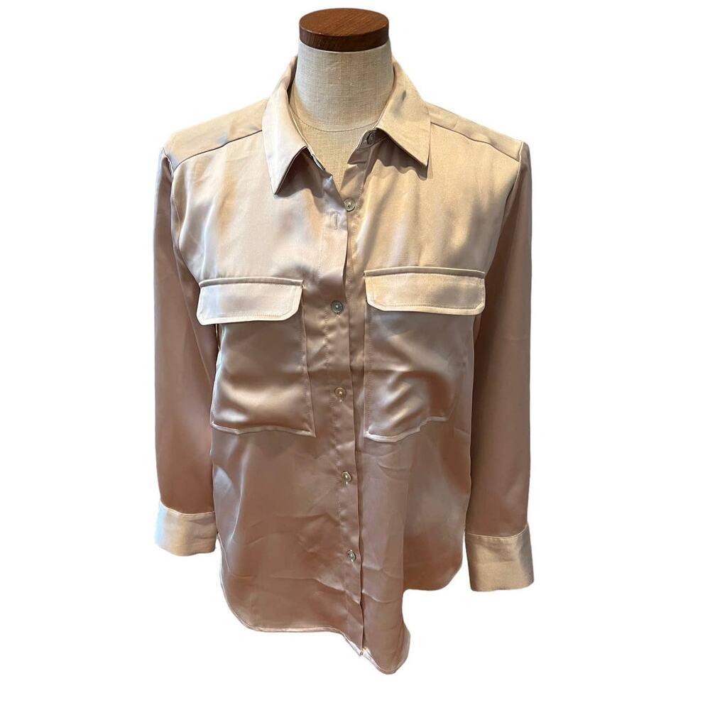 Rachel Zoe Silky Satin Pajama Style Button Front Top Beige S